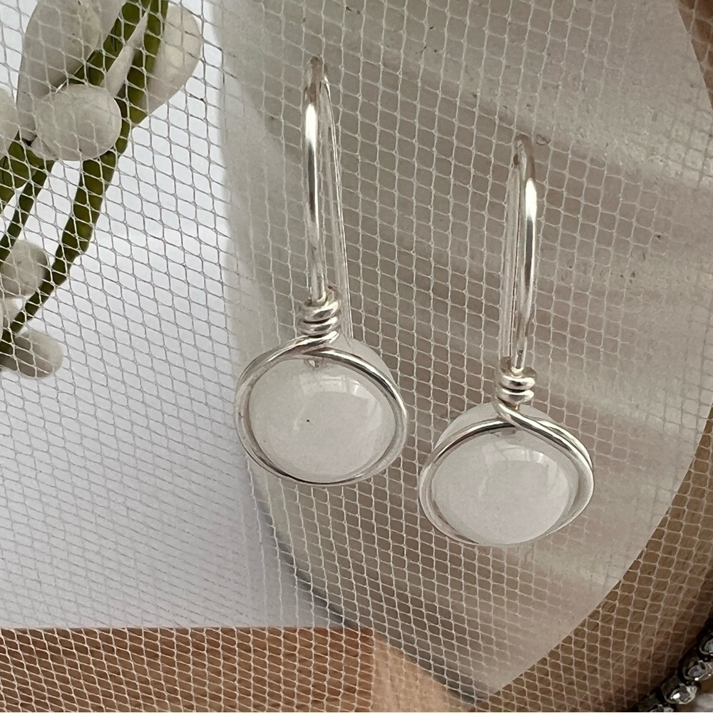 Artisan White Jade and Silver Wire Wrapped Earrings - Picture 5 of 11